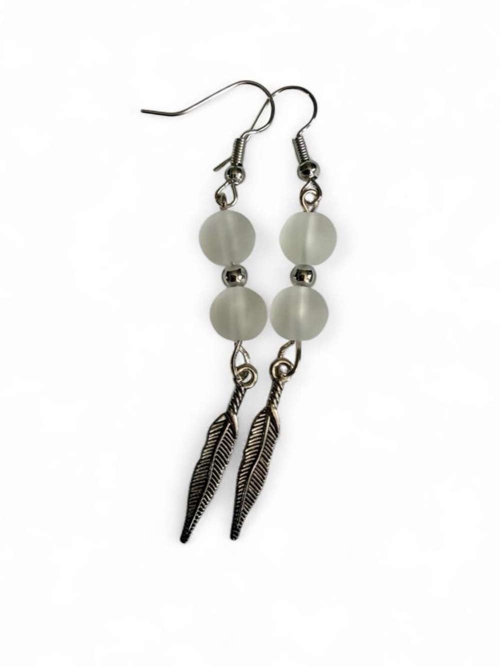 🤍 Frosted Bead Feather Earrings — Handmade